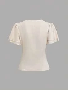 SHEIN Unity Phong cách Pháp thanh lịch, lãng mạn, cổ điển, sang trọng, đa năng, tôn dáng, kiểu đuôi cá, cao cấp, trẻ trung, phù hợp đi làm, công sở, hẹn hò, mua sắm, ở nhà, giờ nghỉ giải , thư giãn. Tay áo bồng, cổ chữ V, nơ ren, cài nút, chất liệu satin màu mơ. Áo cardigan nữ, thích hợp cho mùa xuân/hè/thu. - Màu be - Xem 3