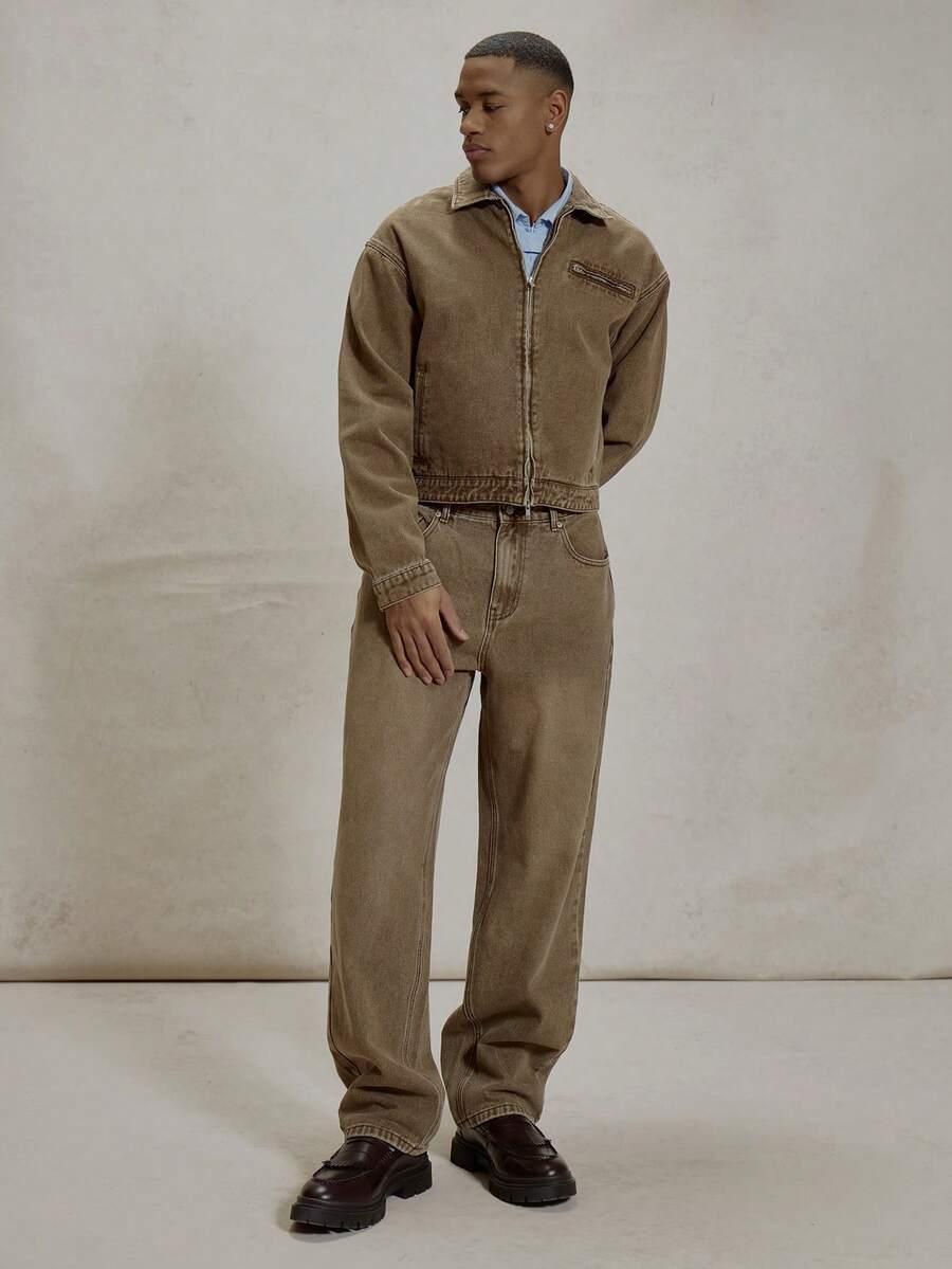 Musero Loose Fitting Baggy Style Washed Denim Trouser Bottoms Button Fastening Belt Loop Details Co Ord Jeans Only Essentials Spring&Summer - Grey - View 1