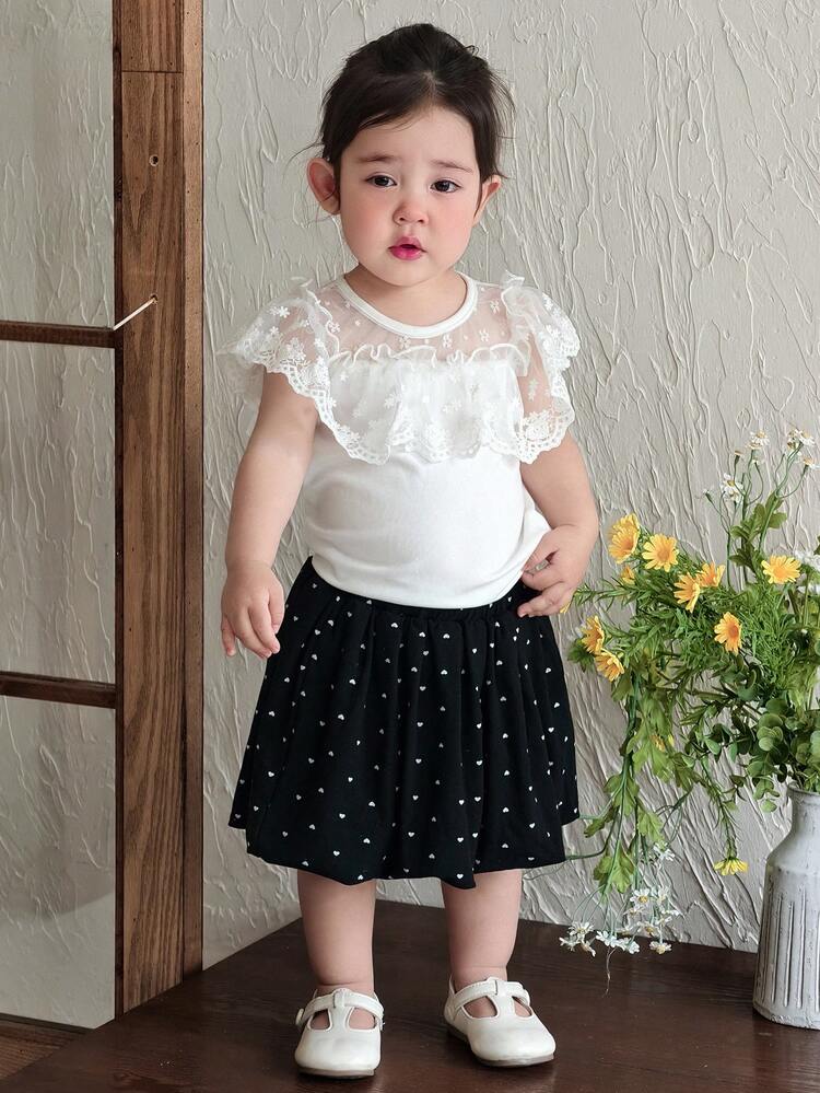 Toddler Girls' Round Neck Ruffle Trim Casual Top, Spring/Summer, Korean Style