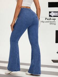 Flexra 女士纯色修身中腰休闲喇叭牛仔裤 - 藍色 - 查看 2