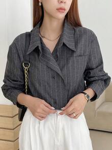 DAZY 女士长袖条纹衬衫，商务休闲款 - 灰色 - 查看 6