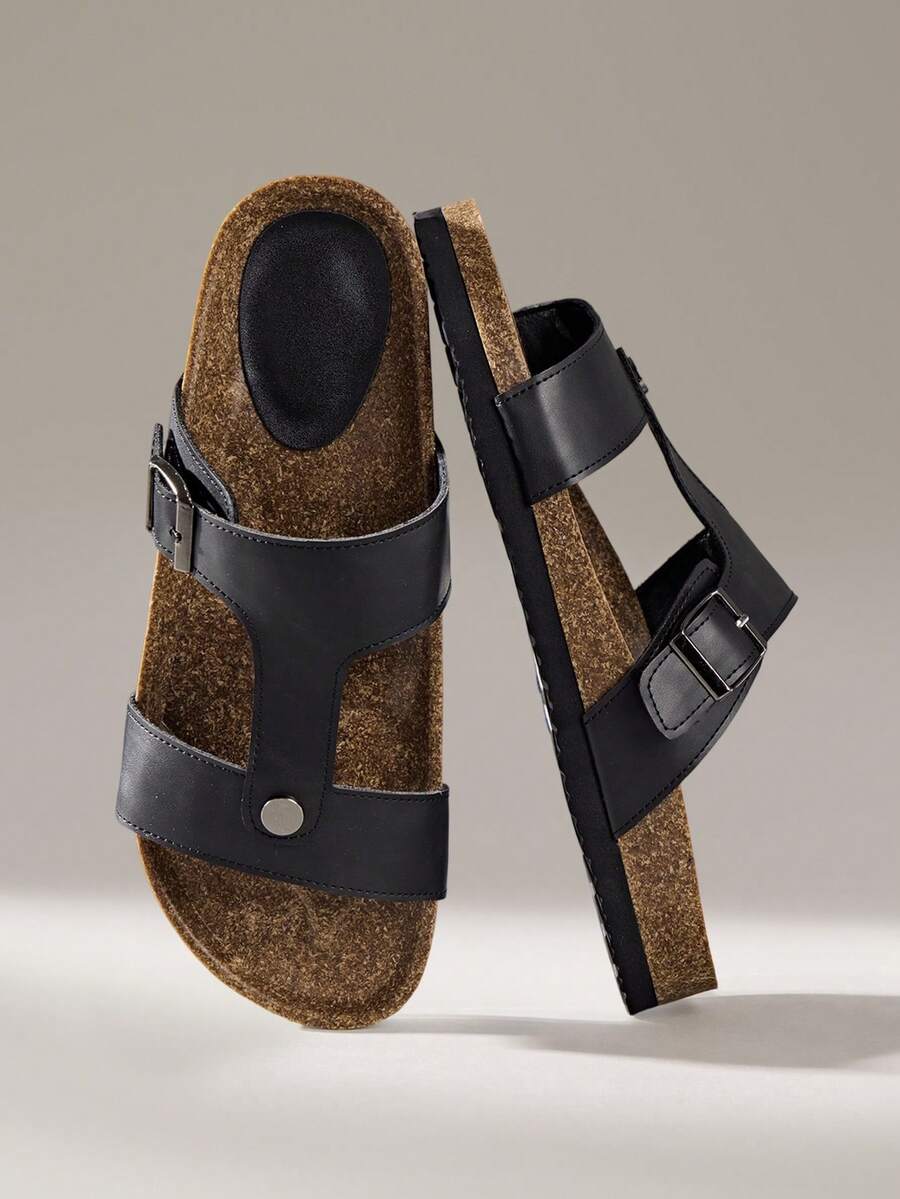 Solecia 女士金属扣+纽扣设计露趾沙滩凉鞋，黑色，适合日常穿着 - 黑色 - 查看 1