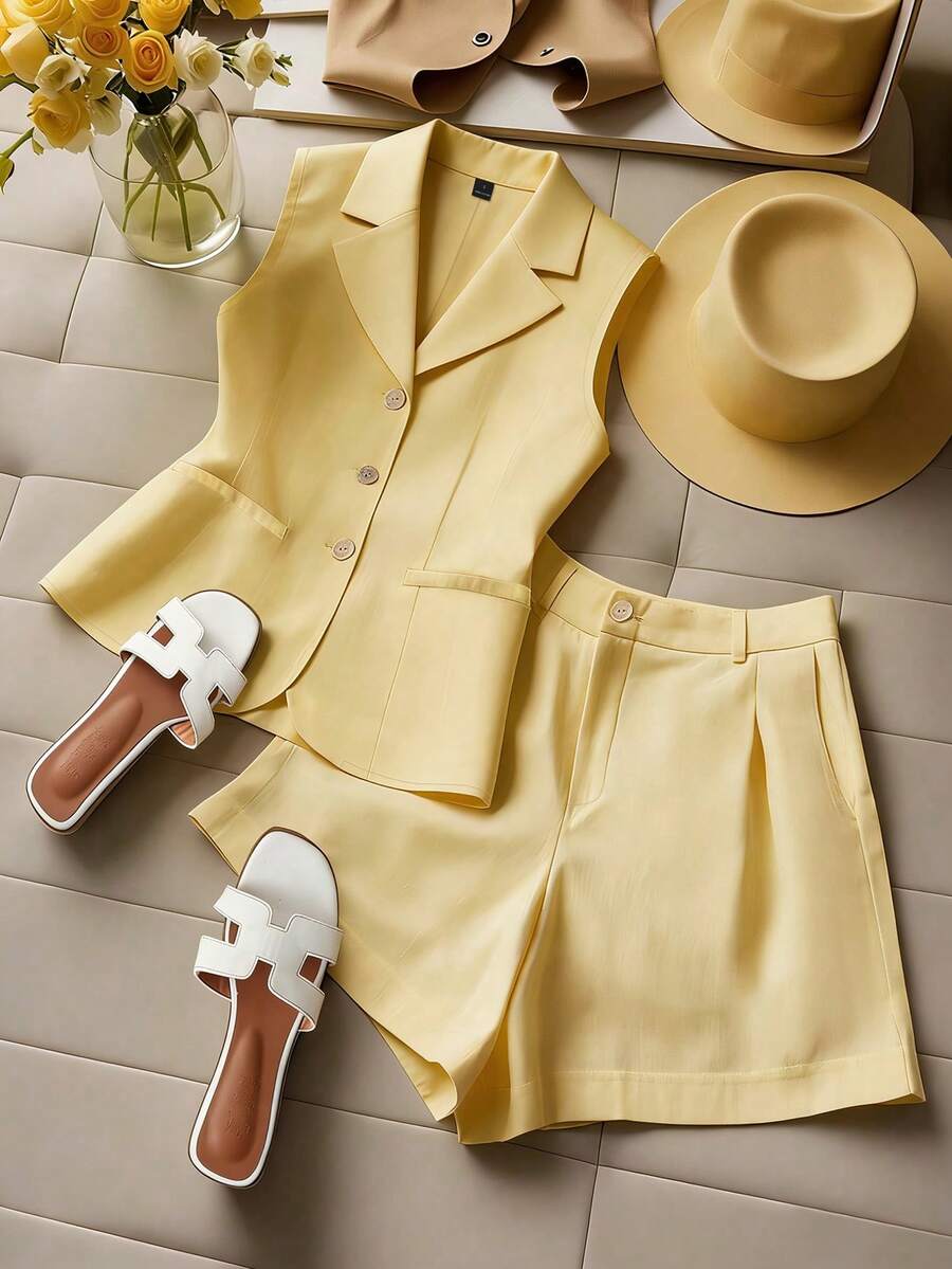 GlowEve Women's Yellow Elegant Office Short Sleeve Suit Set - Light Yellow - View 1