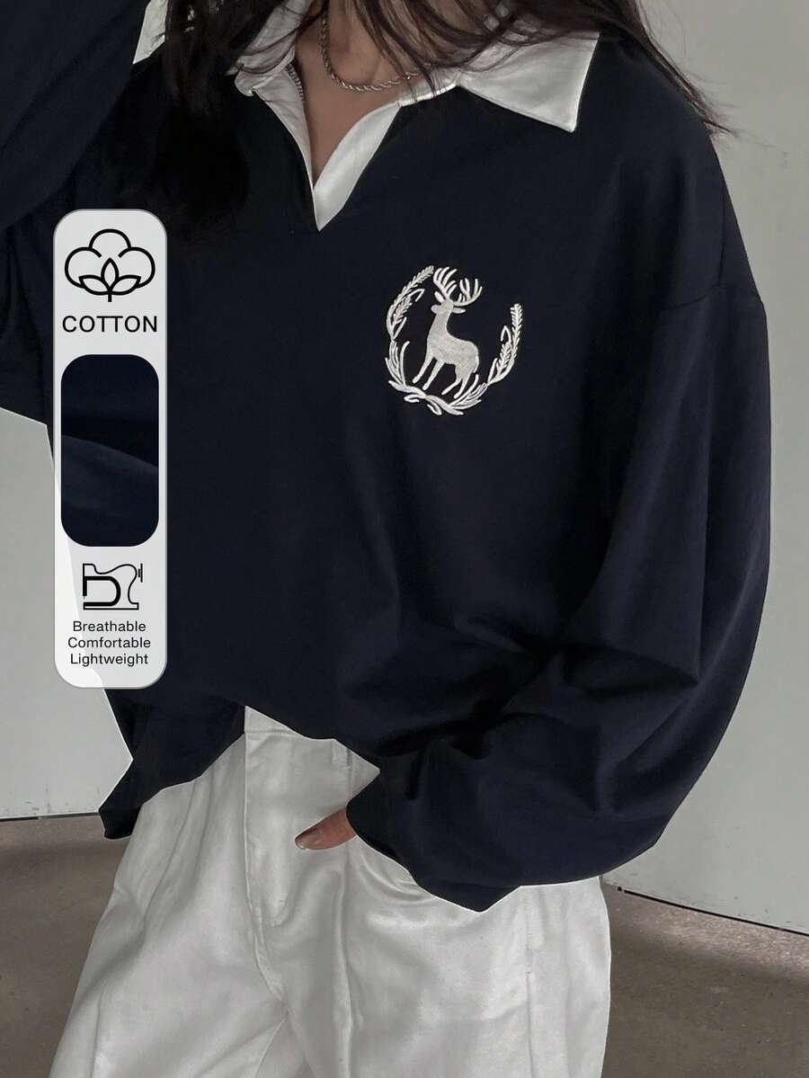 DAZY 女士休闲宽松落肩 T 恤，绣有鹿图案，图案 T 恤，返校服