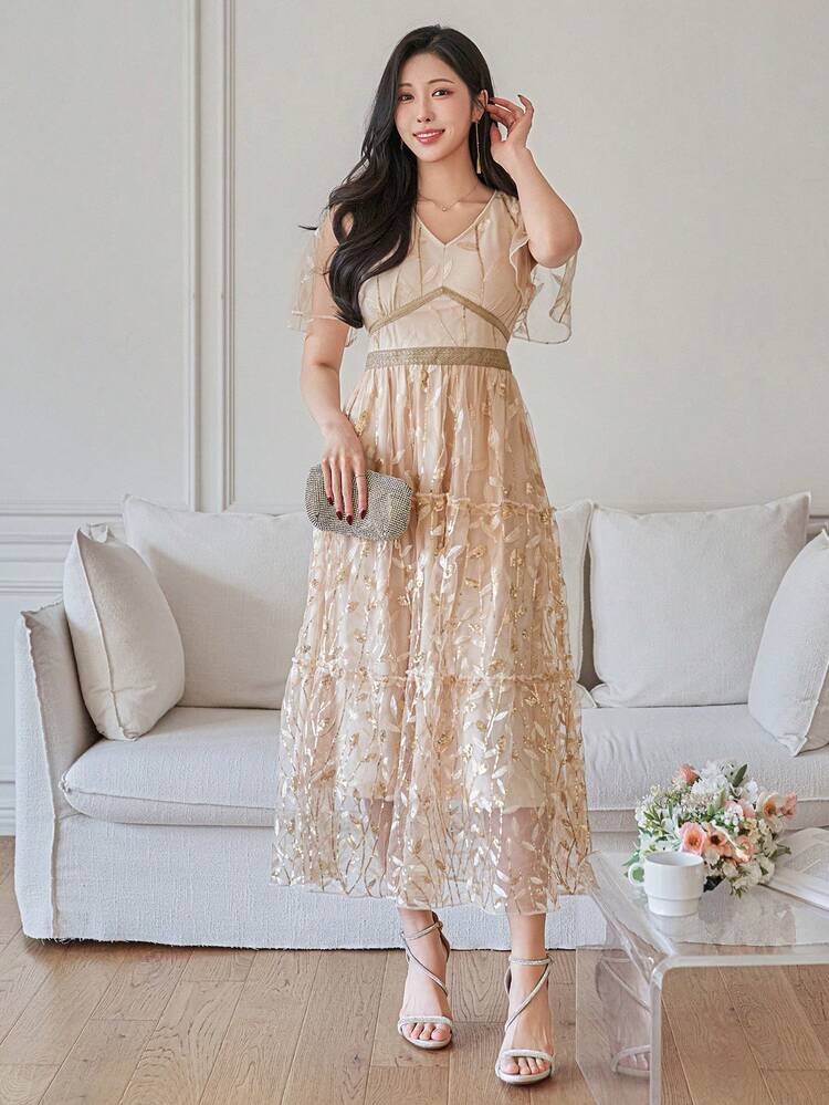 Women's Elegant Floral V-Neck Lace Patchwork Long Dress, Summer Spring Wedding Guest Dress Sundress
