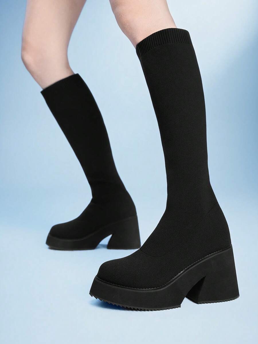 Sugerpunk Women's Embroidered Round Toe Platform Mid-Calf Boots, Fashionable Ankle Boots With Western Style Valentine's Day - Black - View 1