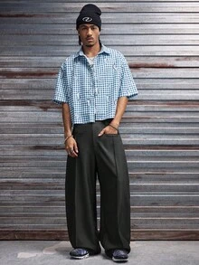 AXEPEAK Men's Loose Fit Letter & Plaid Print Short Sleeve Woven Shirt - Blue - View 4