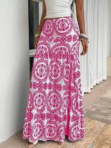 Sunnyshic Women's Vacation Plant Print Elastic Waist Ruffle Hem Casual Skirt - Hot Pink - View 5
