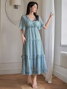 DAZY Đầm maxi nữ thanh lịch màu trơn cổ chữ V viền bèo, đầm dự tiệc cưới mùa hè, đầm maxi chống nắng. - Màu xanh lam - Xem 7