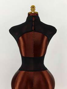 Amplova Women's Sheer Mesh Floral Blouse, Sexy Backless Design, Stand Collar, Revealing, Sensual - Black - View 10