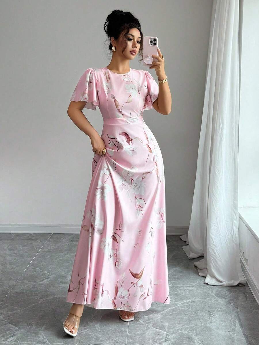 Elenzga 荷叶边袖圆领收腰数码印花优雅浪漫女装 - 粉色 - 查看 1