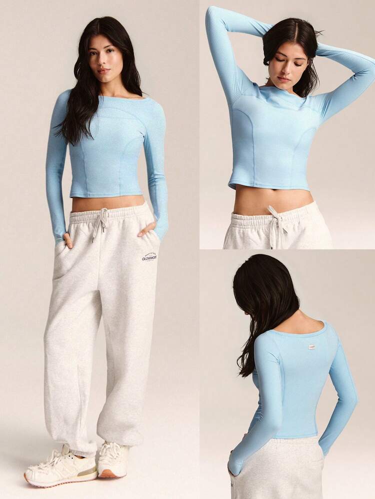 FeatherFit™ Momentum Buttery-Soft Stretchy Dividing Seam Waist Length Long Sleeve Tee Top With Thumbholes Low Impact Yoga Pilates Studio Daily Casual Wear