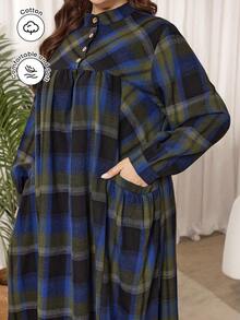 Al Najma Plus Size Women's Casual Plaid Print Stand Collar Long Sleeve Pocket Loose Dress, Suitable For Spring And Autumn - Multicolor - View 1