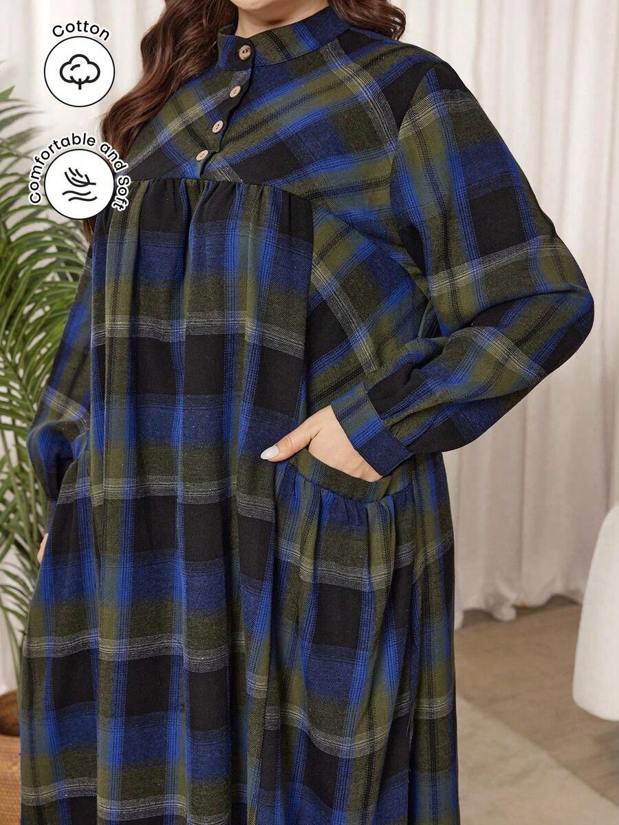Al Najma Plus Size Women's Casual Plaid Print Stand Collar Long Sleeve Pocket Loose Dress, Suitable For Spring And Autumn - Multicolor - View 1