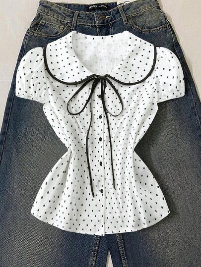 Sunspun Plus Size Summer Casual Polka Dot Print Puff Sleeve Shirt