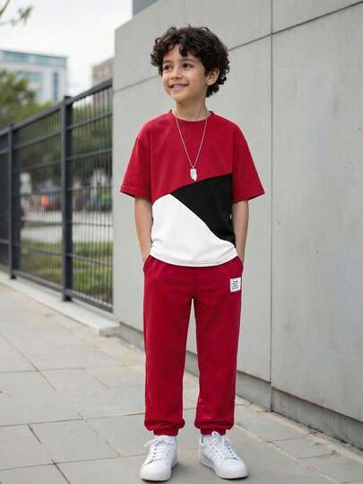 SHEIN Vacaura Set de 2 piezas de camiseta y pantalones casuales minimalistas en azul, gris y blanco a cuadros para niños, adecuado para uso diario y salidas en primavera/verano