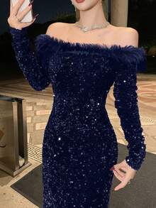 DAZY 新款春夏约会之夜穿搭，Encore 红色单肩长裙（女士款） - 藏蓝色 - 查看 4