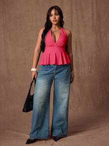 Plus Size Women's Solid Color Halter Neck Casual Tank Top, Suitable For Work And Daily Wear - Hot Pink - View 6