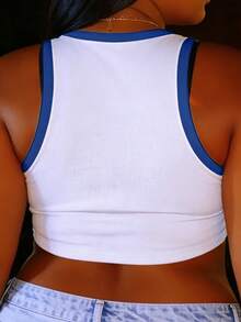 Rovax Top corto ajustado con estampado de letras y ribete de contraste, para uso casual y diario, estilo chic de calle, verano - Multicolor - Ver 2