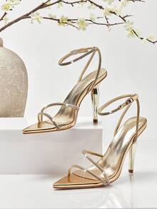SHUZIA Women's Elegant Minimalist Point Toe Rhinestone Ankle Strap Stiletto Heel Sandals - Gold - View 6