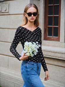 Lumivelle Valentine's Day Women's Fashionable Polka Dot Fitted Long Sleeve Elegant T-Shirt, Suitable For Work And Commute Wrap Top , Casual For Women - Black - View 3