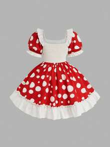 Sweetra Cute Mushroom Polka Dot Print Square Neck Mini Dress - Red - View 2