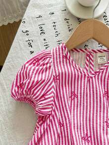 LMoss Kids Babygirl Cute Summer Bow Tie Striped Short Sleeve Top And Elastic Waist Pants Set - Purple - View 4