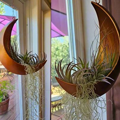 1pc Boho Moon Shaped Hanging Planter - Metal Wall Mounted Succulent Flower Pot, With Hanging Rope For Indoor Outdoor Decor, Rustic Gold Black Finish, No Electricity, Metallic Luster, Moon Shape, Wall Decor Hanging Basket For Succulents, Cactus, Plants, Outdoor Garden Decor, Patio, Hanging Gardening Supplies, Small Plant Decor, Gift For Plant Lovers