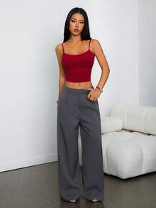 SHEIN PETITE 女士商务休闲裤 女士西式服装 女士阔腿裤 女士办公室服装 宽松裤 专业女士服装 办公室着装 灰色 - 深灰色 - 查看 3