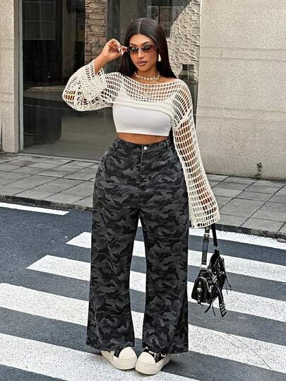 Maweii 女士休闲简约日常时尚百搭优雅年轻海滩度假船领长袖落肩镂空白色短款套头毛衣，大码