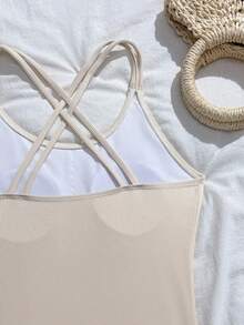 SHEIN Teen Girls One-Piece Swimsuit Cute Apricot Ribbed Knit Back Cross Strap Bathing Suit Modest Bodysuit,Summer,Beach,Holiday Seaside Pool Party Vacation - Apricot - View 4