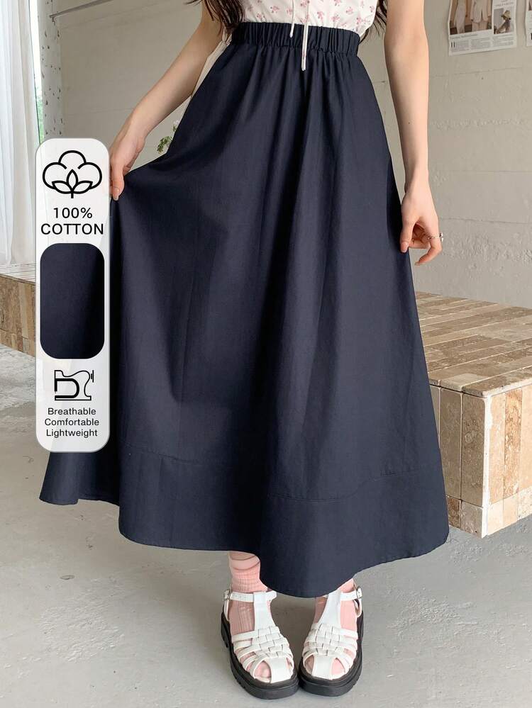 Women's Solid Color Elastic Waist Casual Vacation Midi Skirt, Summer
