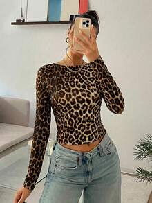 SHEIN EZwear Áo thun dài tay ôm sát, hở lưng, họa tiết da báo mới dành cho nữ - Nhiều màu - Xem 2