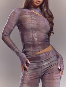 MUSERA Mesh Print Fitted Long Sleeve Top And Flared Leggings Set Spring Summer Cute Sexy Streetwear Night Out Ballet Sleeze - Multicolor - View 5