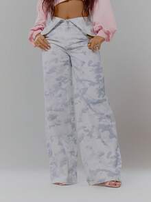 MUSERA Mid Rise Foldover Waist Camo Wide Leg Trousers Streetwear Coolgirl Winter Sexy Casual Odd Drift - Multicolor - View 2