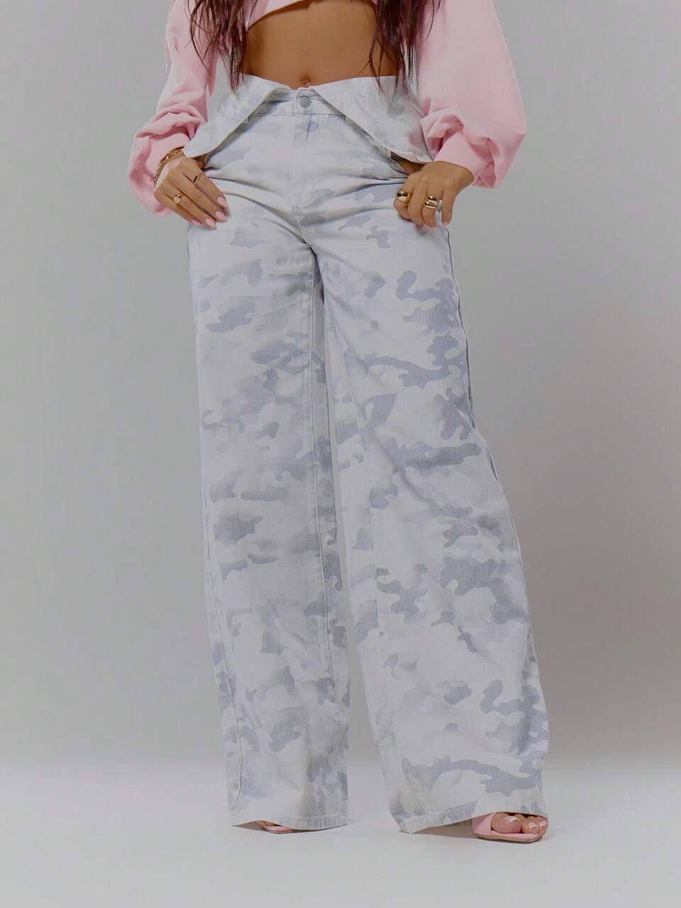 Mid Rise Foldover Waist Camo Wide Leg Trousers Streetwear Coolgirl Winter Sexy Casual Odd Drift Spring Summer