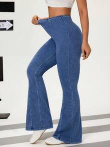 Flexra 女士纯色修身中腰休闲喇叭牛仔裤 - 藍色 - 查看 4