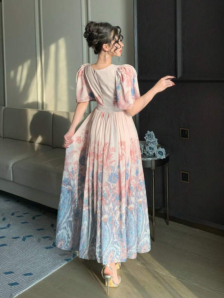 Women's Elegant Floral V-Neck Puff Sleeve Midi Dress, Summer Sundress