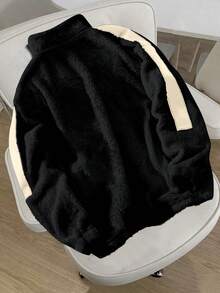 Claim Dot 男士时尚休闲针织卫衣，时尚拼接羊羔绒外套，拼接设计，舒适保暖面料，实用口袋，精致拉链装饰，彰显个性风格，适合时尚穿搭、日常休闲、户外活动、休闲运动、节日礼物、男友礼物，男女皆宜 - 黑色 - 查看 2