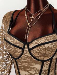 Amplova 大码时尚性感蕾丝喇叭袖修身连衣裙 - 棕色 - 查看 4