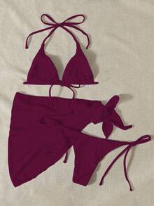 SHEIN Swim Mod 女士夏季沙滩纯色挂脖比基尼套装（3件套） - 三角比基尼上衣、侧系带比基尼下装、半身裙 - 酒紅色 - 查看 2