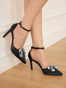 CUCCOO HITCHD Zapatos de tacón alto elegantes y de moda para fiesta con decoración de lazo de strass para mujer - Negro - Ver 7