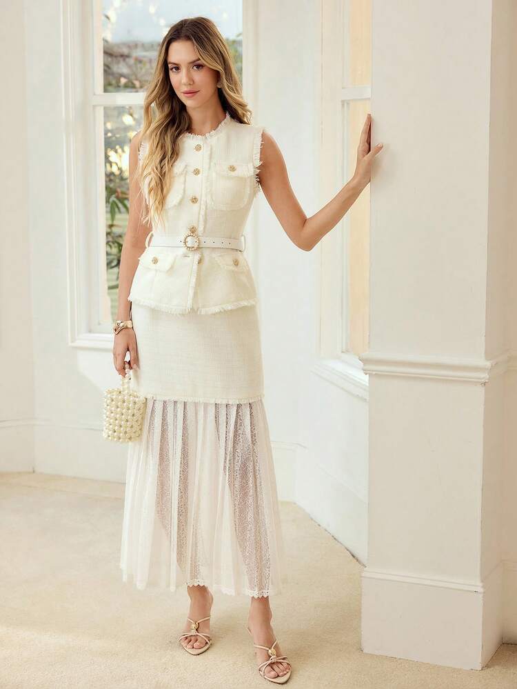 WOMEN'S ROMANTIC LACE PATCHWORK PLEATED A-LINE SKIRT, SUITABLE FOR SPRING/SUMMER DATES