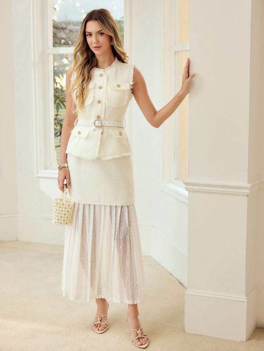 MOTF PREMIUM WOMEN'S ROMANTIC LACE PATCHWORK PLEATED A-LINE SKIRT, SUITABLE FOR SPRING/SUMMER DATES - White - View 2