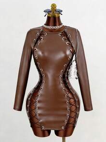 Mistrie 这是一款新款性感连衣裙，圆领长袖设计，侧开衩，松紧腰带，搭配吸睛的猫跟鞋。这款迷你连衣裙适合女士街头时尚，是夜店、酒吧和音乐节的理想之选。 - 棕色 - 查看 6