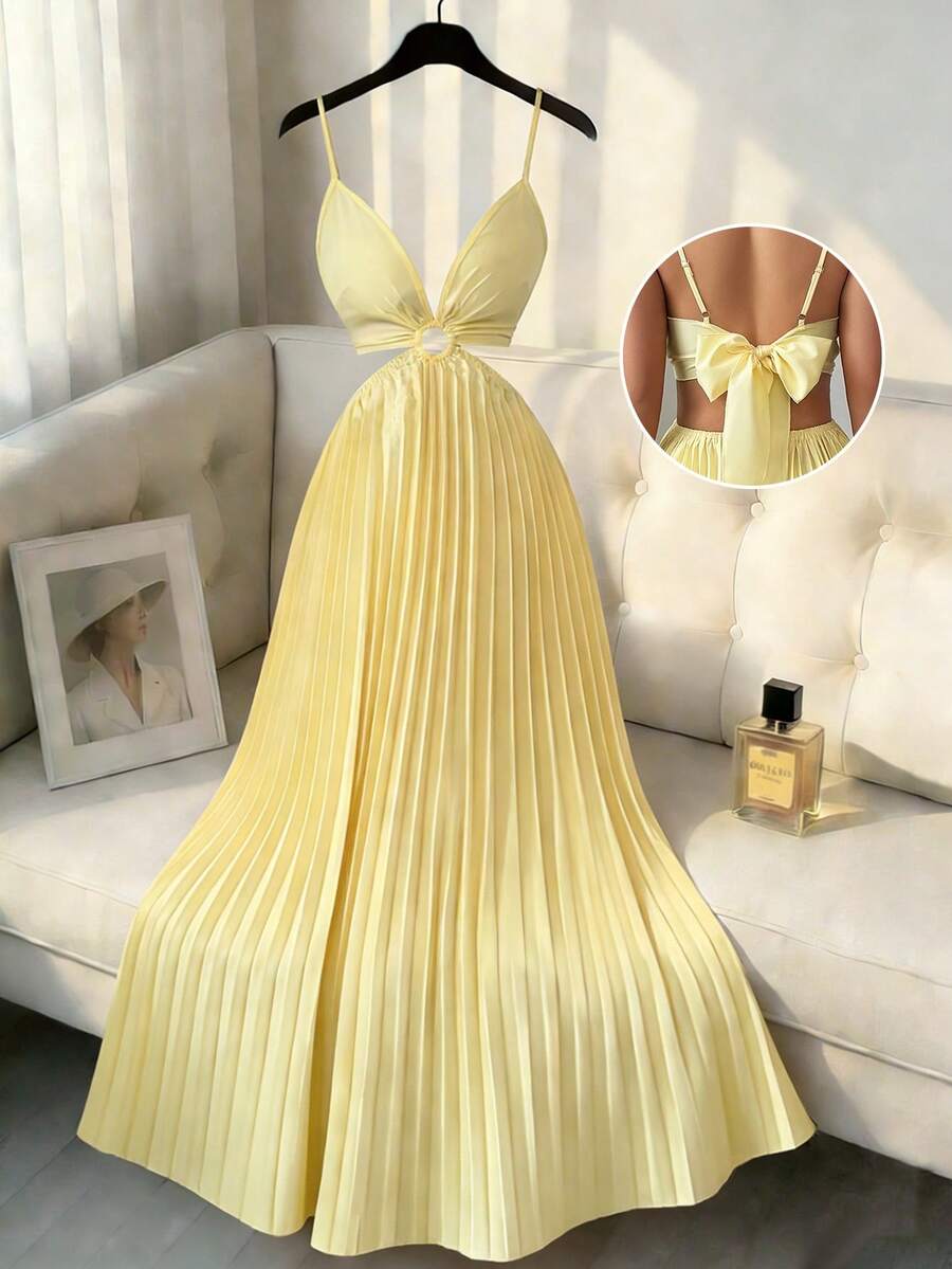 SHEIN Elenzya Spring/Summer New Sexy Elegant Casual Chic High-End Design Spaghetti Strap Bow Backless Fitted Pleated Dress For Women - Light Yellow - View 1