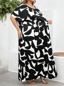 SHEIN CURVE+ Curve 尺码 US22 音乐节、海滨度假、波西米亚风女士几何印花圆领短袖优雅长连衣裙 - 黑與白 - 查看 5