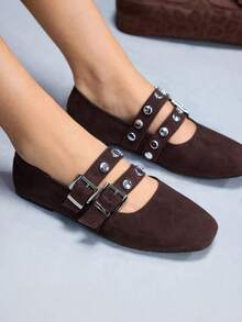 CUCCOO GRLICON Women's Rivet Decor Buckle Flat Loafers - Rust Brown - View 5