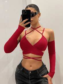 SHEIN ICON 女款修身式交叉綁帶可拆卸袖上衣 - 紅色 - 查看 4