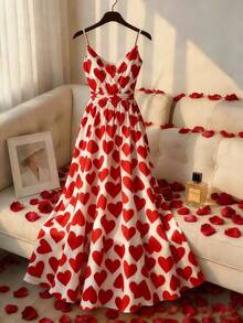 SHEIN Franclia 女士春夏新款珍珠链条吊带连衣裙，优雅长裙，V领收腰设计，心形面料，适合情人节、约会、派对、通勤等场合。 - 紅白色 - 查看 1